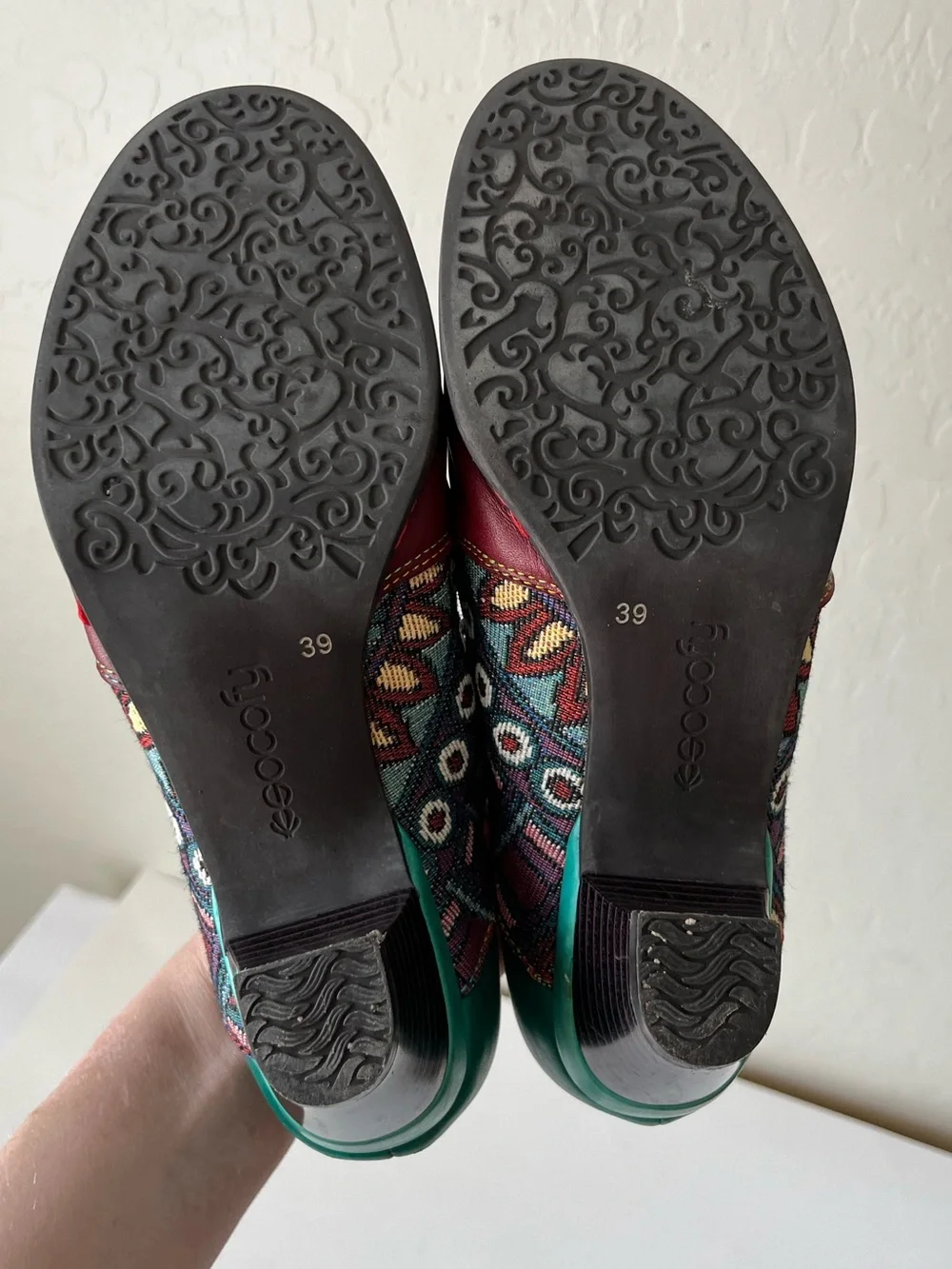Socofy Boho Eclectic Leather Ankle Boots Booties Burgundy Turquoise Size 39